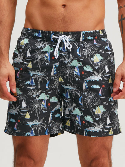 Palm Tree Sailboat Print Swim Shorts