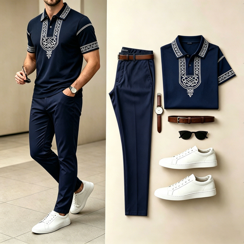 Men's Casual European-Style Short-Sleeve Polo Shirt And Pants Set With Symmetrical Vine Print (Does Not Include Accessories Such As Watches Or Glasses)