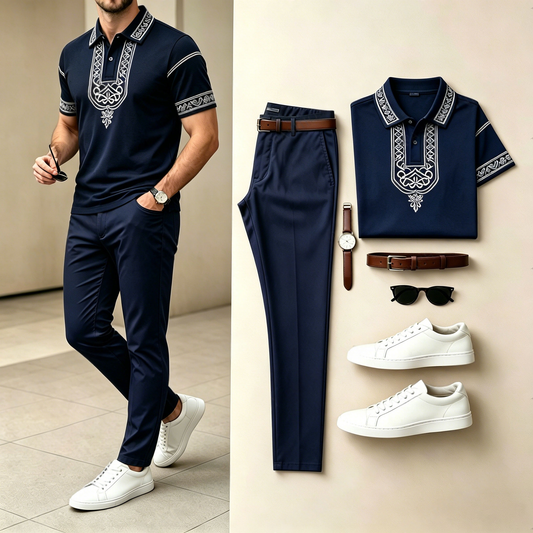Men's Casual European-Style Short-Sleeve Polo Shirt And Pants Set With Symmetrical Vine Print (Does Not Include Accessories Such As Watches Or Glasses)