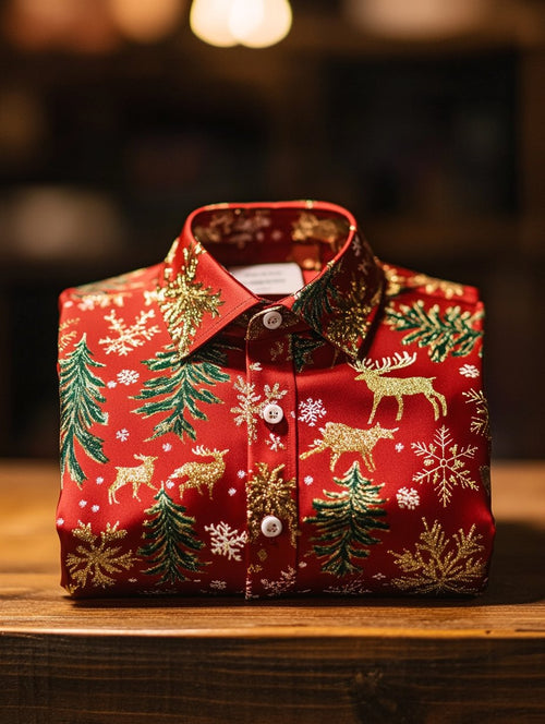 Men's Business Vintage Christmas Elk Evergreen Print Long Sleeve Shirt