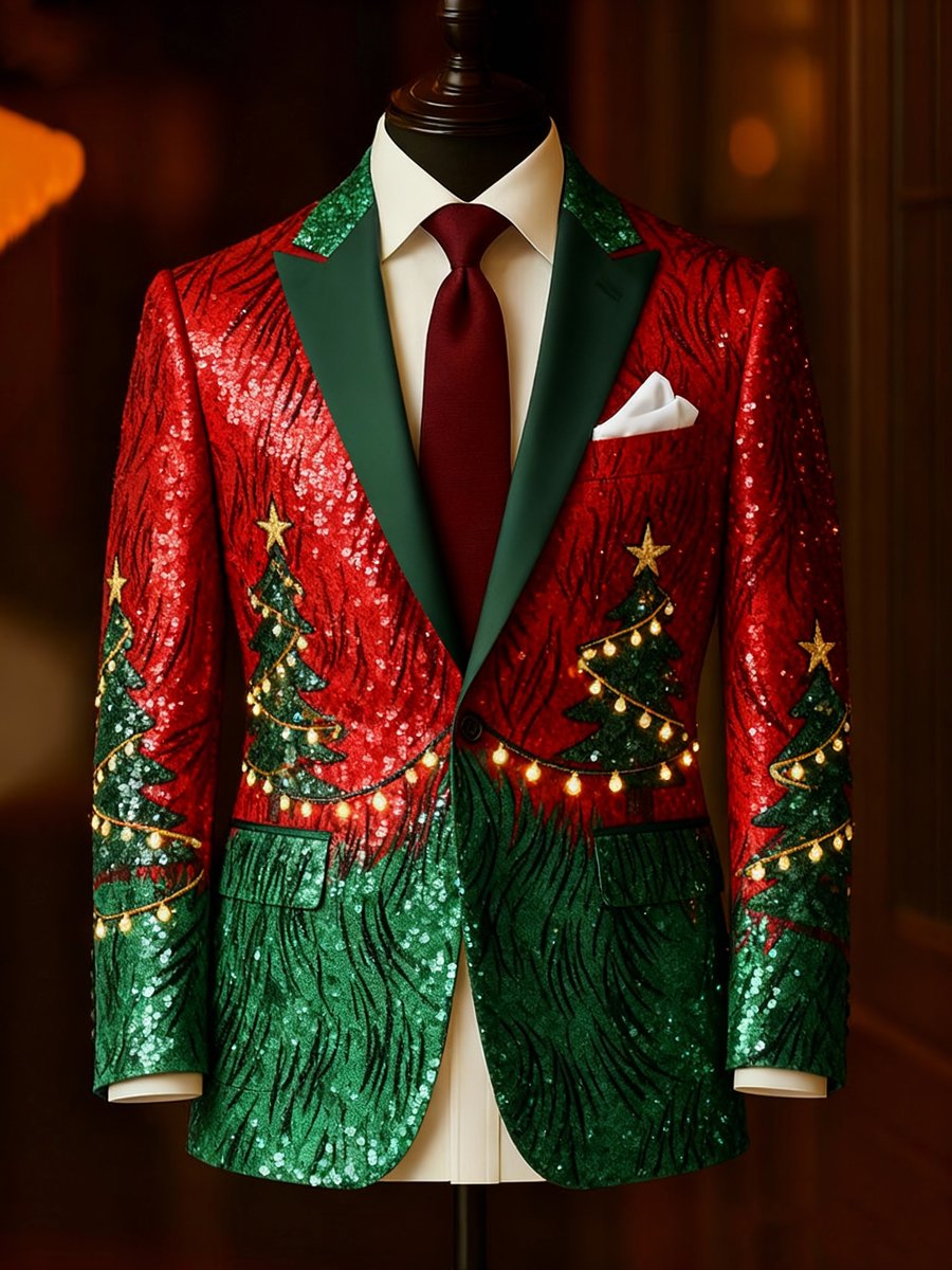Men's Luxury Christmas Evergreen Snowflake Lapel Suit Jacket