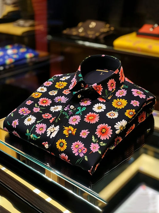 Men's Small Daisy Print Business Lapel Short Sleeve Shirt
