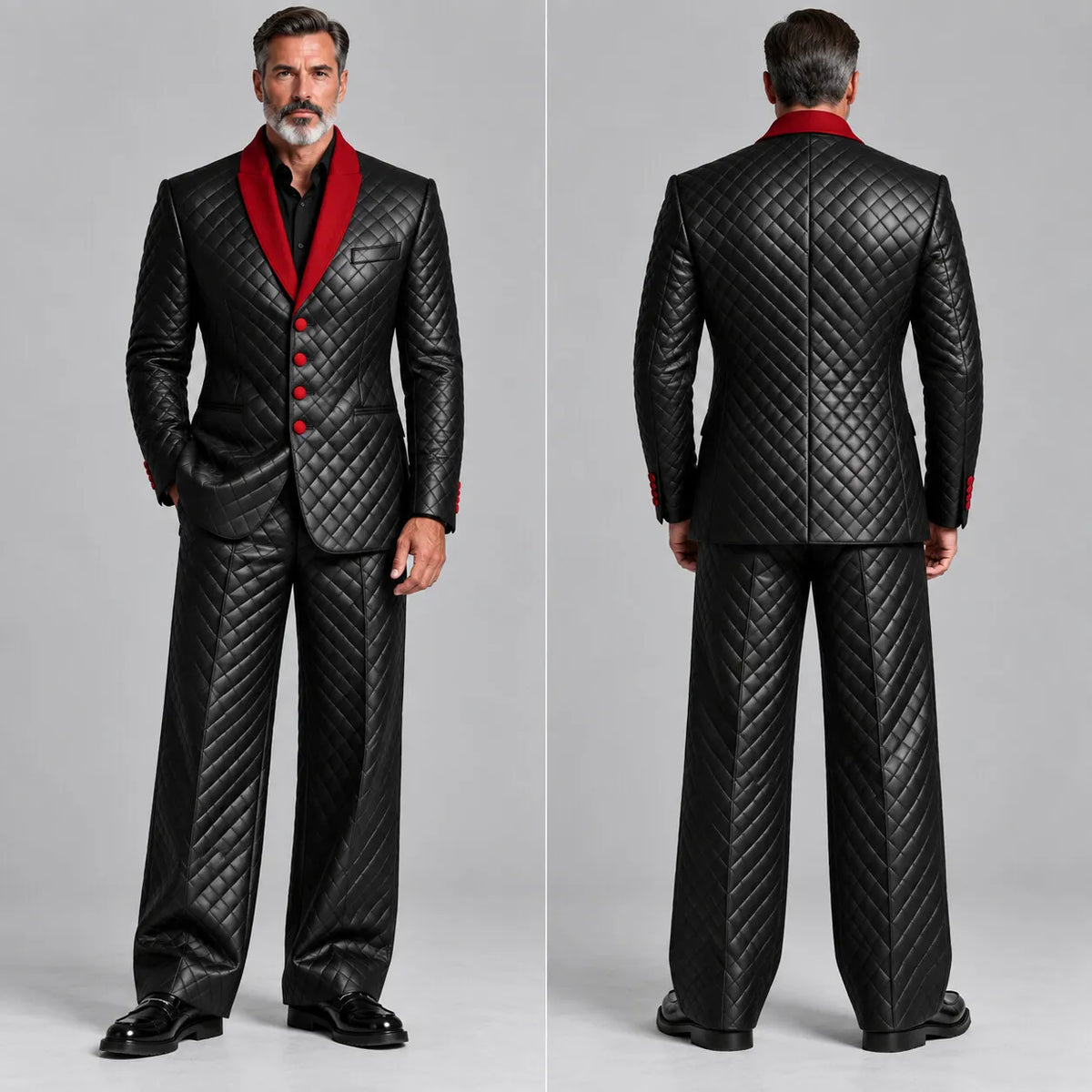 Men's Black PU Leather Contrast Shawl Lapel Single Breasted Slim Fit Quilted Jacket