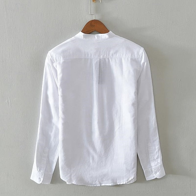 Men's Shirt Linen Shirt Casual Shirt Button Up Shirt Cotton Shirt Plain Vacation Hawaiian White Navy Blue Khaki Gray Long-Sleeve Band Collar Spring Fall Clothing Apparel Button-Down