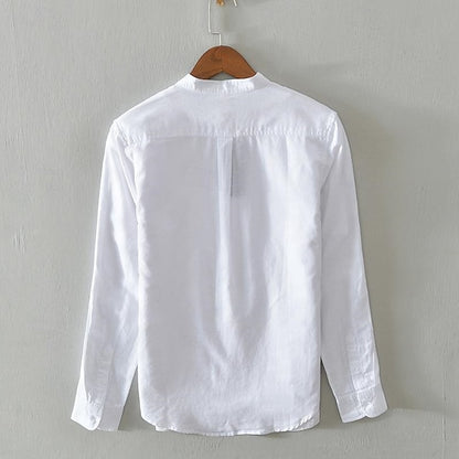 Men's Shirt Linen Shirt Casual Shirt Button Up Shirt Cotton Shirt Plain Vacation Hawaiian White Navy Blue Khaki Gray Long-Sleeve Band Collar Spring Fall Clothing Apparel Button-Down
