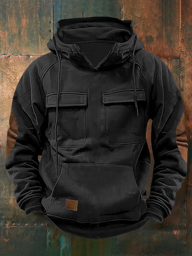 Men's Retro Western Multi-Pocket Drawstring Sweatshirt