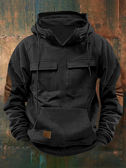 Men's Retro Western Multi-Pocket Drawstring Sweatshirt