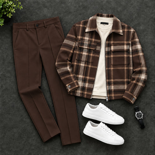 Men's Brown Checkered Zipper Cardigan and Pants Set