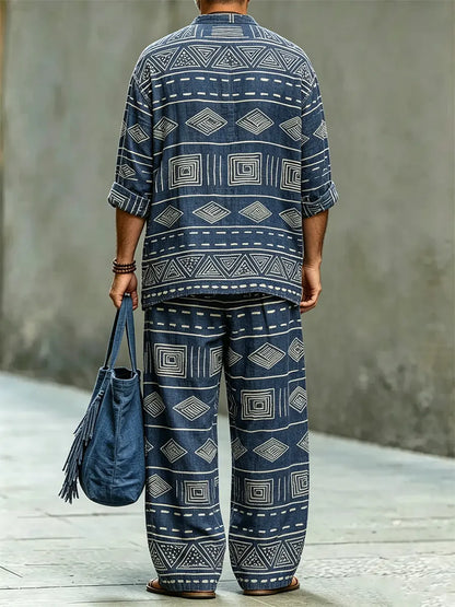 Men's Retro Pattern Print Casual Linen Two-piece Set (top & Pants)