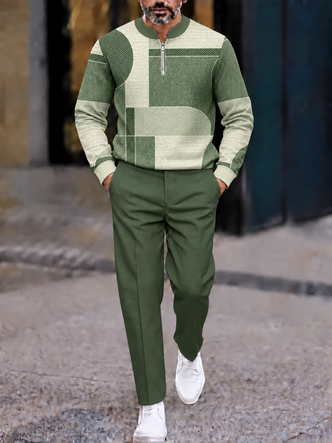 Men's Printed Zipper Polo Shirt and Pants Set