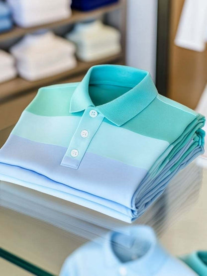 Men's Business Casual Color Block Stripe Logo Button Short Sleeve Polo Shirt