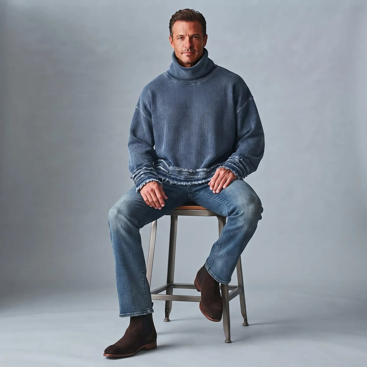 Men's Denim Turtleneck Distressed Raw Hem Long Sleeve Pullover Sweatshirt