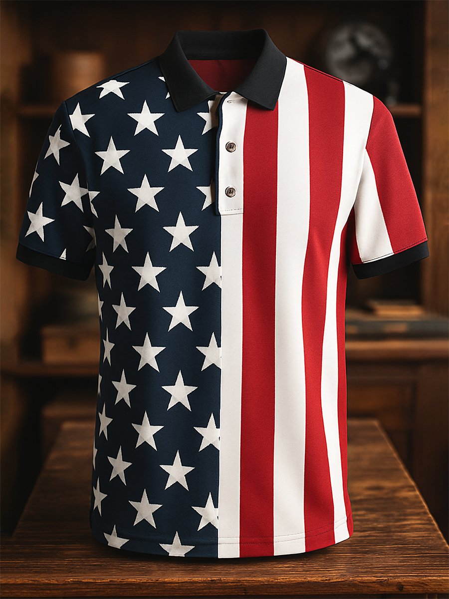 Men's Business Casual Independence Day Button Short Sleeve Polo Shirt