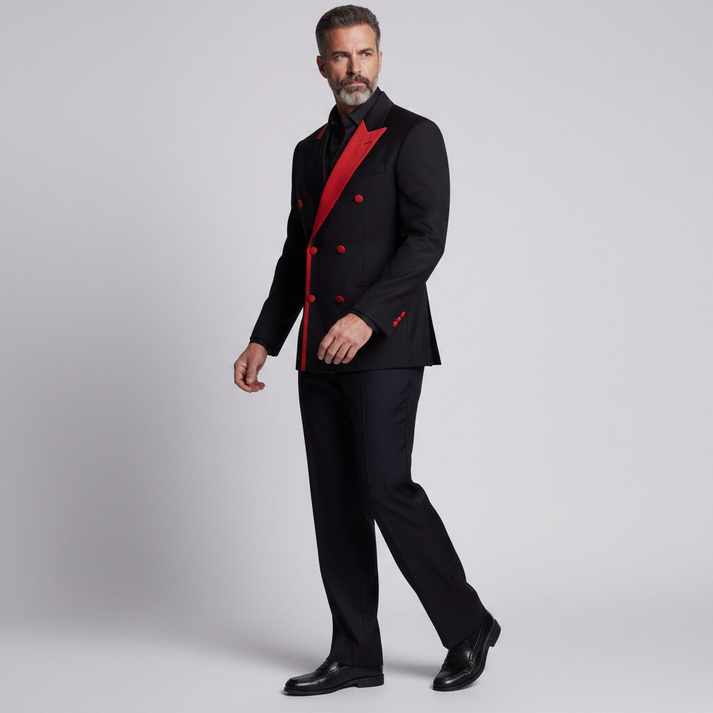 Men's Formal Black Contrast Peak Lapel Double-Breasted Welt Pocket Blazer