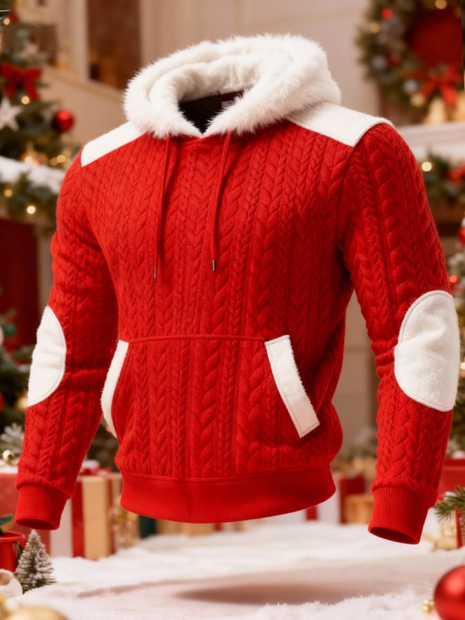 Men's Warm Plush Stitching Contrast Color Christmas Hooded Sweatshirt