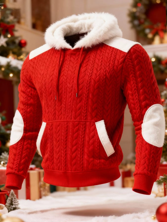 Men's Warm Plush Stitching Contrast Color Christmas Hooded Sweatshirt