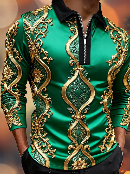 Men's Luxury Wave Print Long-Sleeve Polo Shirt