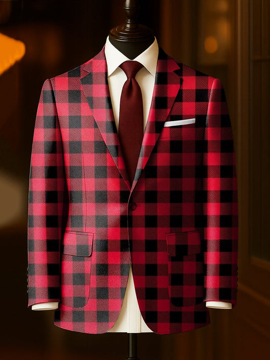 Men's Business Casual Large Pocket Red and Black Plaid Suit Jacket