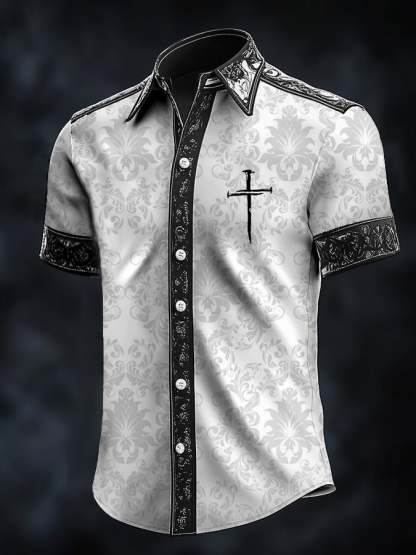 Men's Casual Art Dark Cloth Brogue Print Shirt