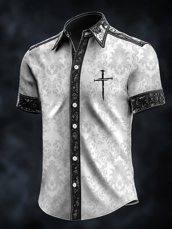 Men's Casual Art Dark Cloth Brogue Print Shirt