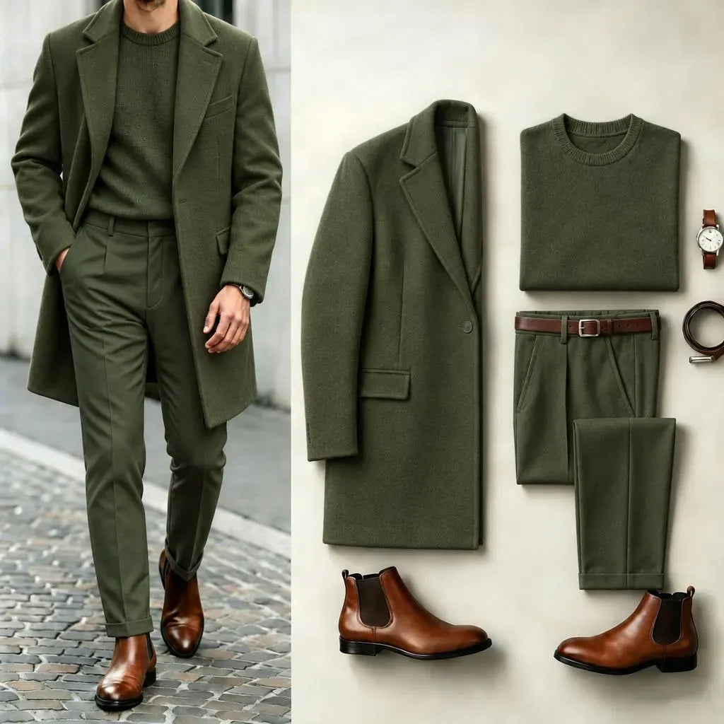 Men's Army Green Solid-Color Suit Set: Coat, Knit Sweater, and Dress Pants