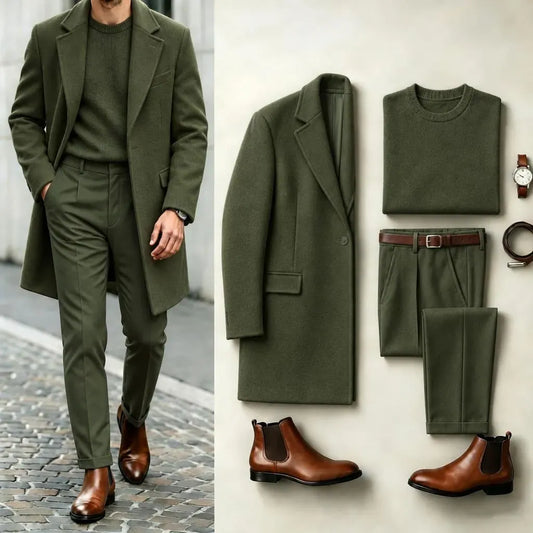 Men's Army Green Solid-Color Suit Set: Coat, Knit Sweater, and Dress Pants