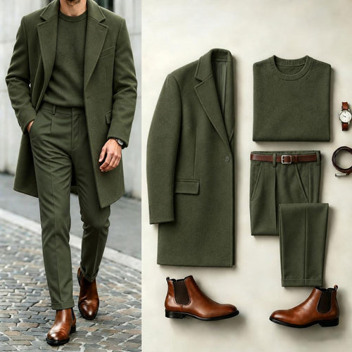 Men's Army Green Solid-Color Suit Set: Coat, Knit Sweater, and Dress Pants
