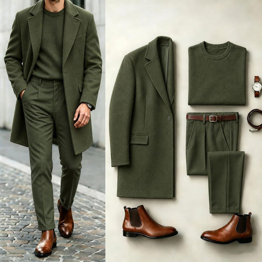 Men's Army Green Solid-Color Suit Set: Coat, Knit Sweater, and Dress Pants