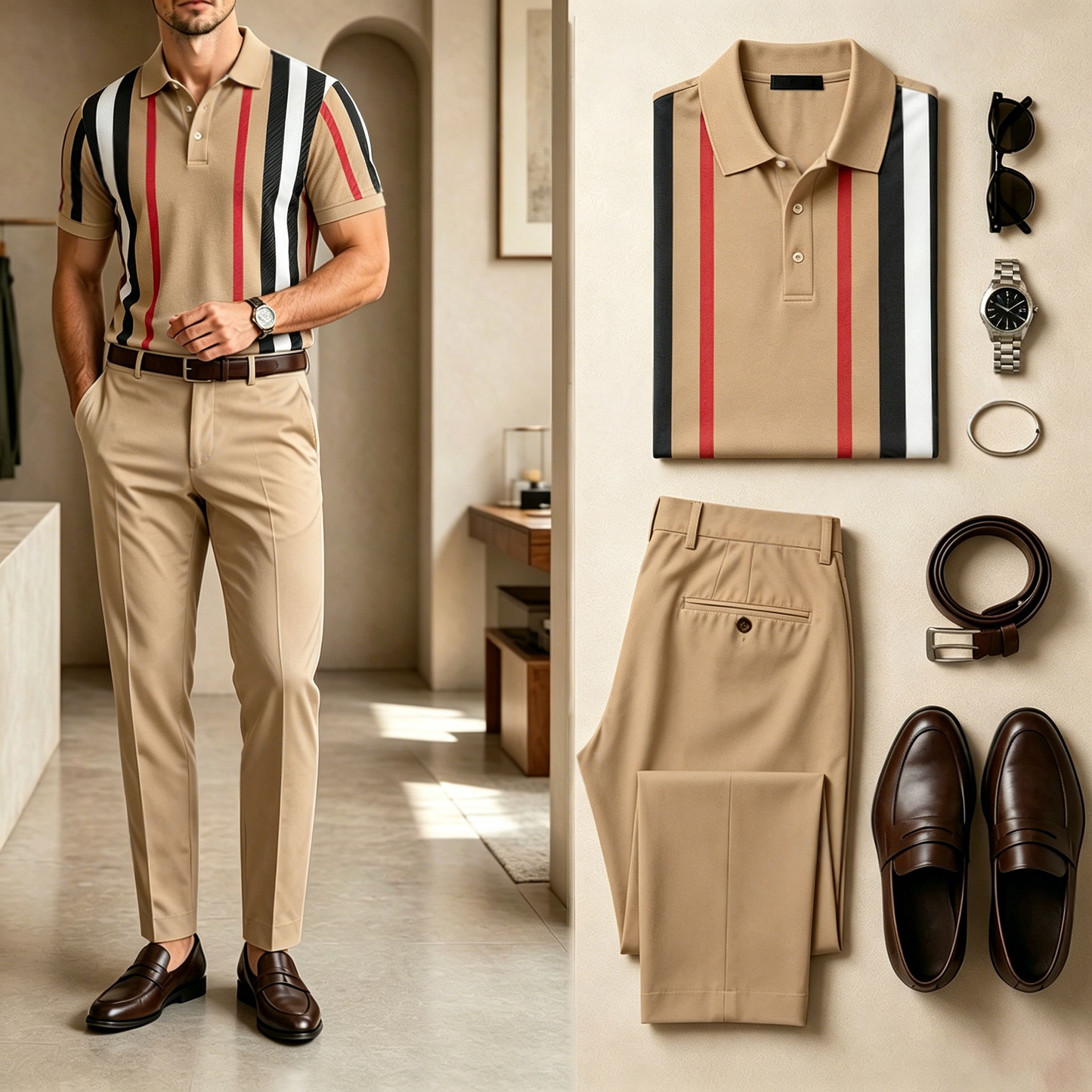 Men's Casual Striped Color-Block Print Short-Sleeve Polo Shirt And Pants Set (Does Not Include Accessories Such As Watches Or Belts)