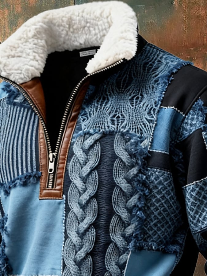 Men's Retro Color Block Print Casual Fur Collar Long Sleeve Sweatshirt
