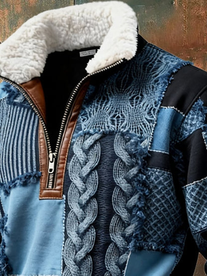 Men's Retro Color Block Print Casual Fur Collar Long Sleeve Sweatshirt