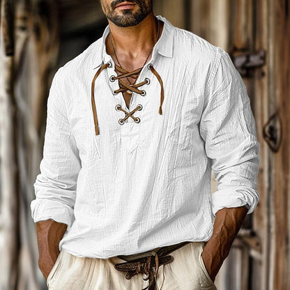 Men's Shirt Linen Shirt Viking Style Pirate Shirt Summer Shirt Beach Wear White Orange Green Light Blue Long-Sleeve Solid Color Collarless Street Daily Clothing Apparel