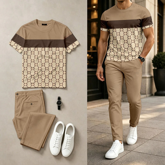 Men's Casual Patchwork Vintage Floral Print Round-Neck Short-Sleeve Top And Pants Two-Piece Set