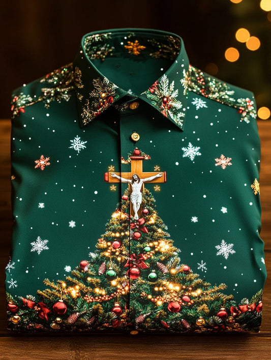 Men's Business Christmas Jesus and Christmas Tree Print Long-Sleeve Shirt