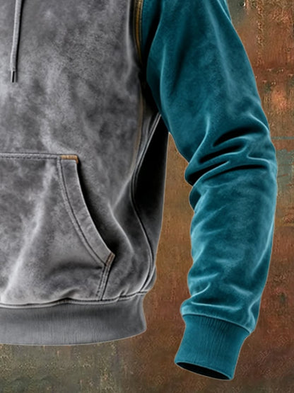 Men's Retro Suede Stitching Contrast Color Comfort Hooded Sweatshirt