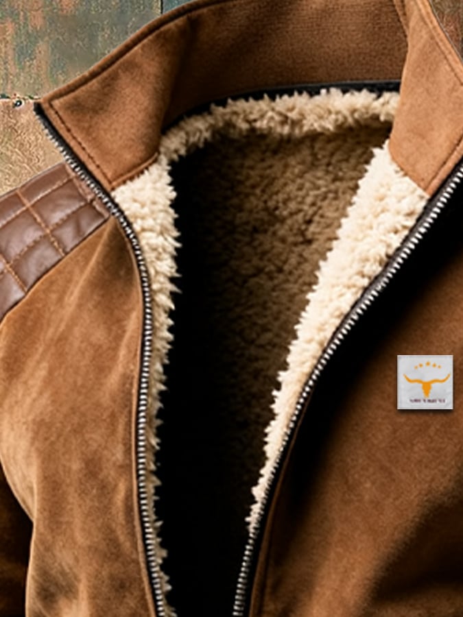 Men's Vintage Suede Splicing Warm Multi-Pocket Outdoor Jacket
