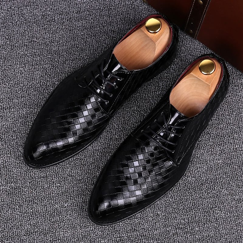 Men's Business Casual Pointed Toe Patchwork Plaid Faux Leather Shoes