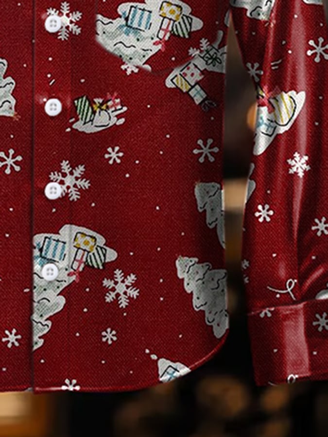 Men's Luxury Christmas Contrast Print Long Sleeve Pocket Shirt