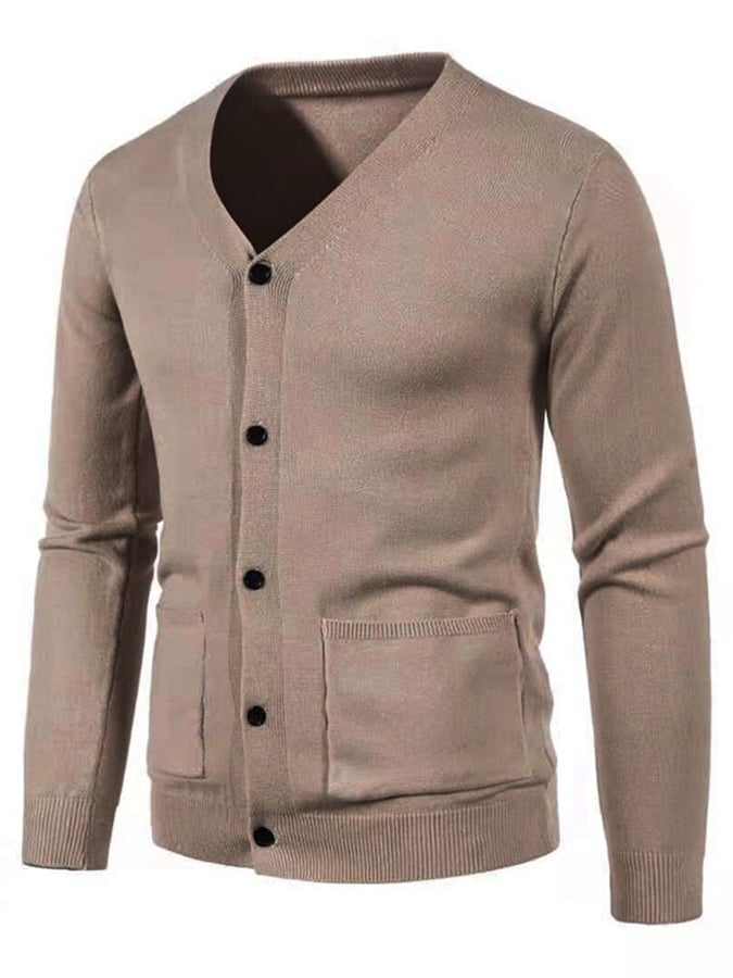 Men's Fashionable Pocket Button Design V-Neck Solid Color Sweater Jacket