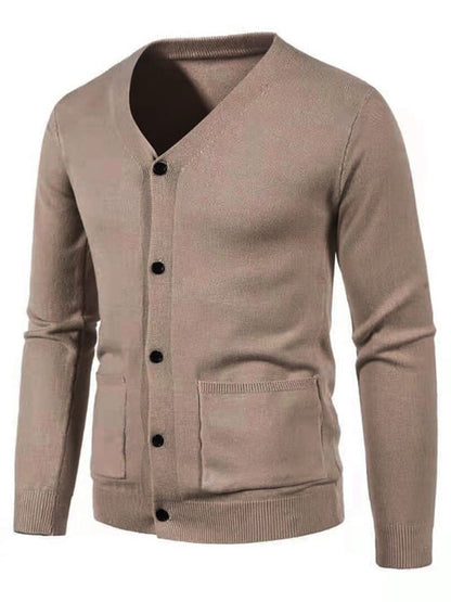 Men's Fashionable Pocket Button Design V-Neck Solid Color Sweater Jacket
