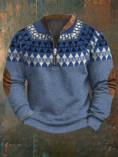 Men's Vintage Knitted Jacquard Design Printed Zipper Collar Sweatshirt