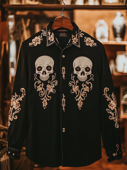 Men's Retro Casual Skull Print Long Sleeve Shirt