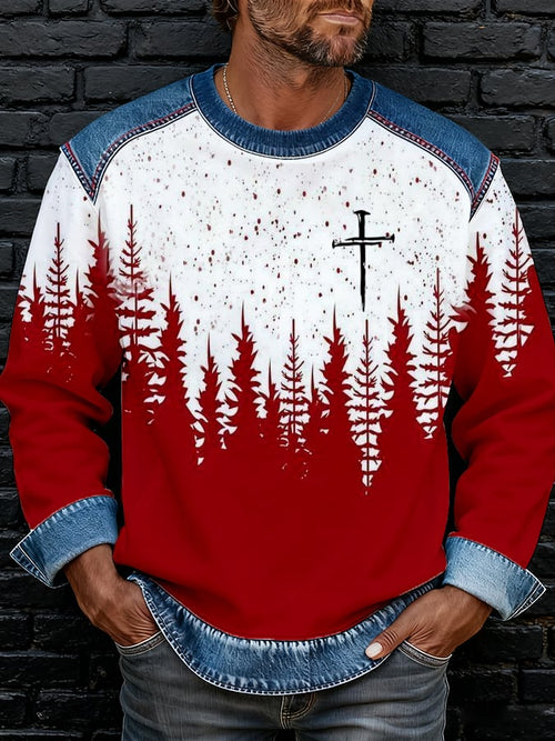 Men's Christmas Faith Print Patchwork Round Neck Casual Sweatshirt