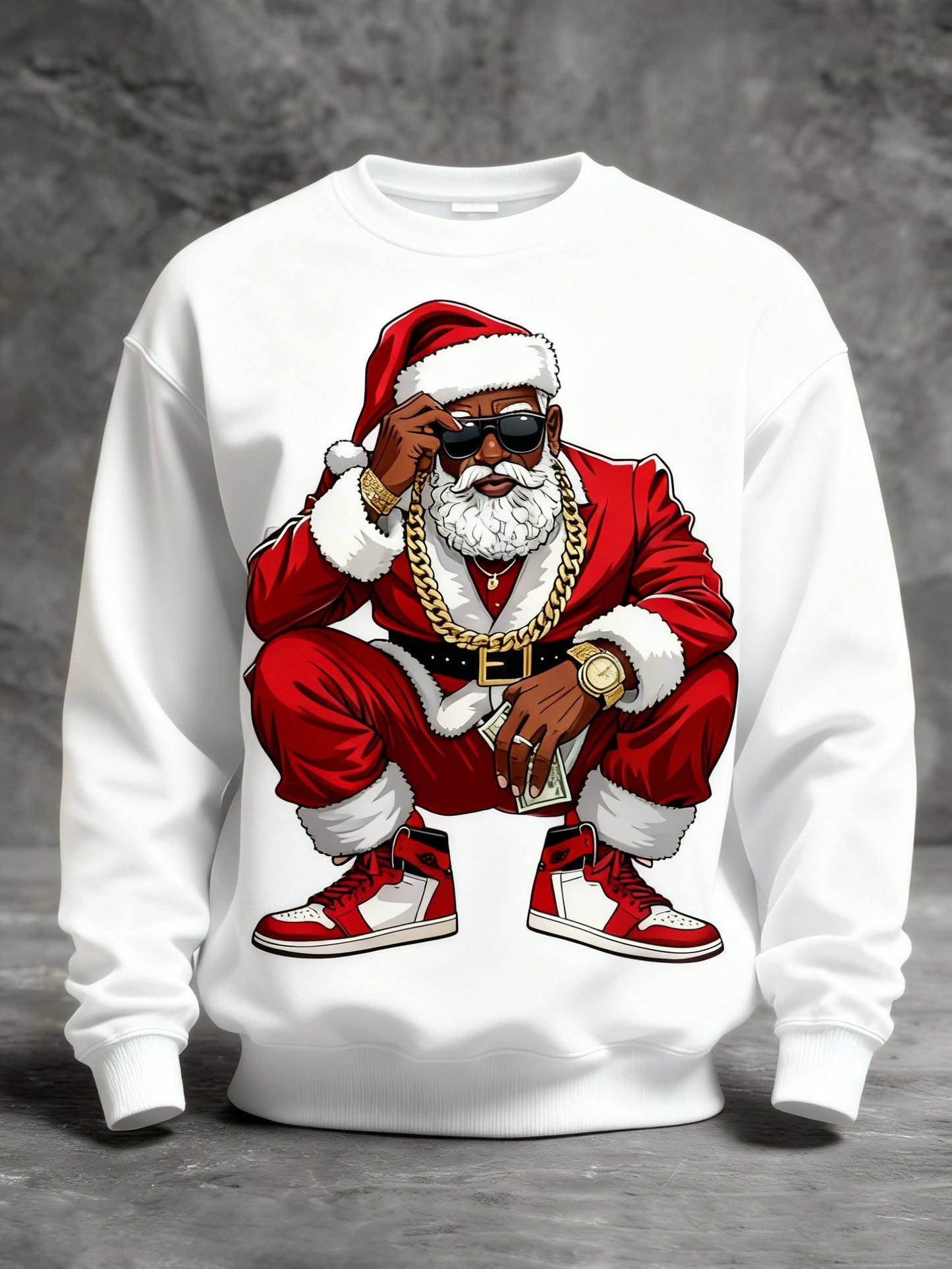 Men's African American Santa Claus Christmas Print Crew Neck Shirt