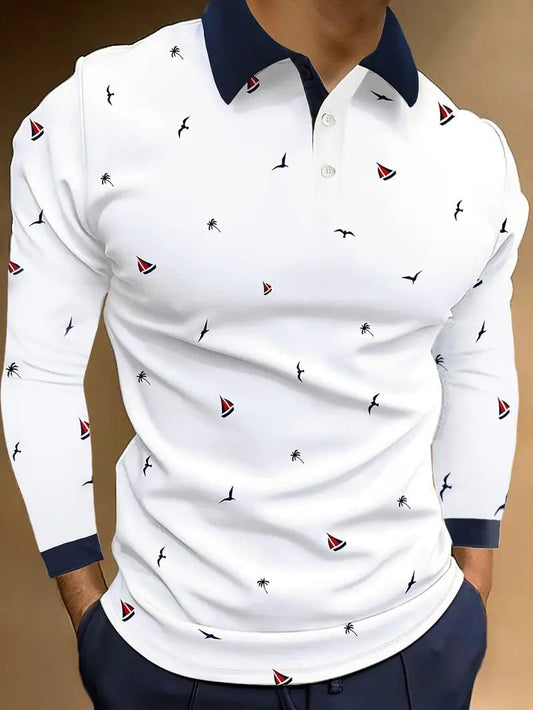 Men's Business Casual Striped Long-Sleeved Polo Shirt
