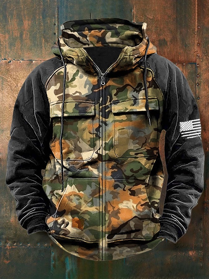 Men's Vintage Western Print Multi-Pocket Jacket