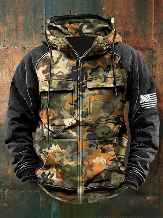 Men's Vintage Western Print Multi-Pocket Jacket