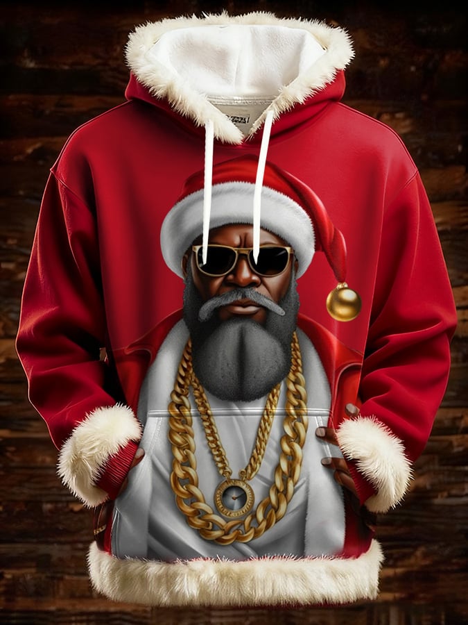 Men's Black Santa Claus Print Furry Hooded Top