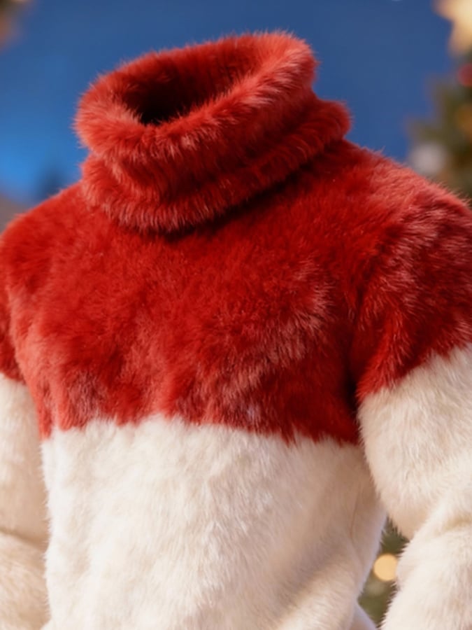 Men'S Plush Warm Color-Blocked Christmas Turtleneck Sweatshirt