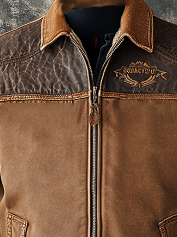 Men's Vintage Suede Patchwork Lamb Fleece Multi-Pocket Reverse Collar Outdoor Jacket Coat